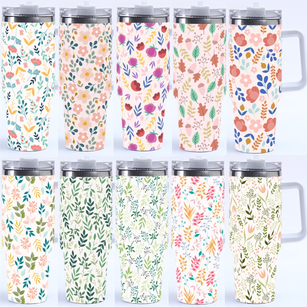 40oz Car Cup with Artistic Fresh Leaf Print, Stainless Steel Insulated Tumbler, Cross-Border Hot Selling with Handle