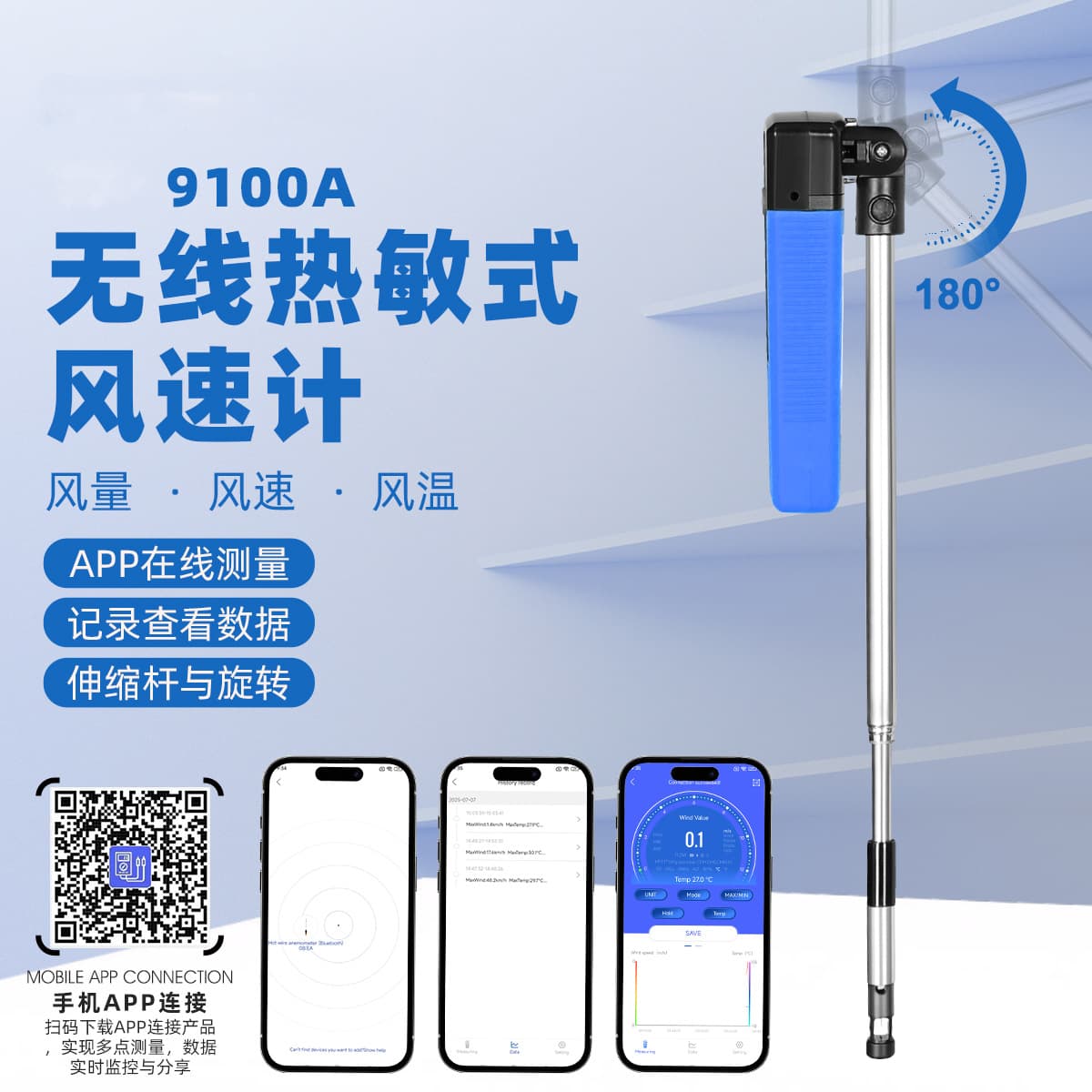 Anemometer Wind Speed Meter Air Volume Measuring Instrument Wind Tester Thermal Sensor Tester Bluetooth Duct Wind Speed Meter