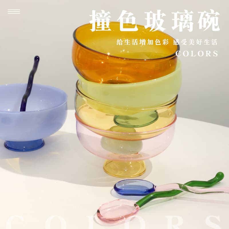 Heat Resistant Glass Bowl Set Transparent Noodle Bowl Salad Bowl Soup Bowl Dining Utensils Home Use High Temperature Resistant Rice Bowl Spoon