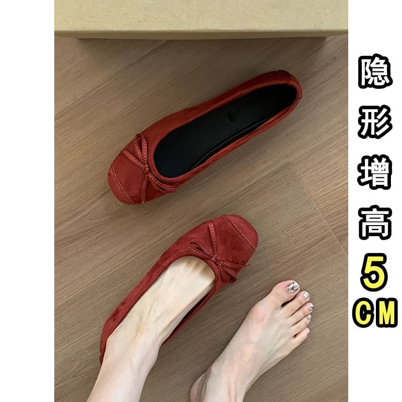 Sheepskin ~ 5cm small height red ballet shoes women's bow retro square low mouth milk shoes