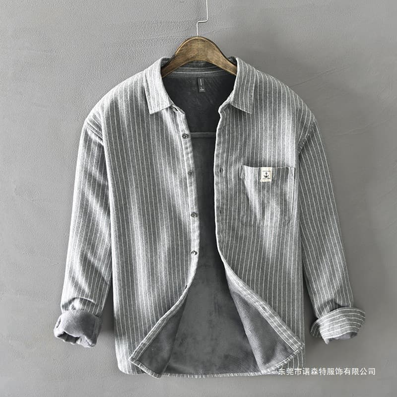 Z513 new autumn and winter men's brushed plus velvet thickened warm long-sleeved striped shirt jacket one generation
