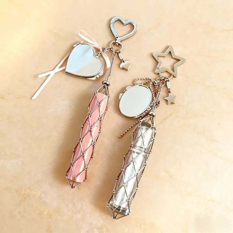 Portable Pouch for Girls' Lipstick, Mesh Pouch for Foundation Samples, Stainless Steel Bamboo Pendant, Bag Pendant Accessory
