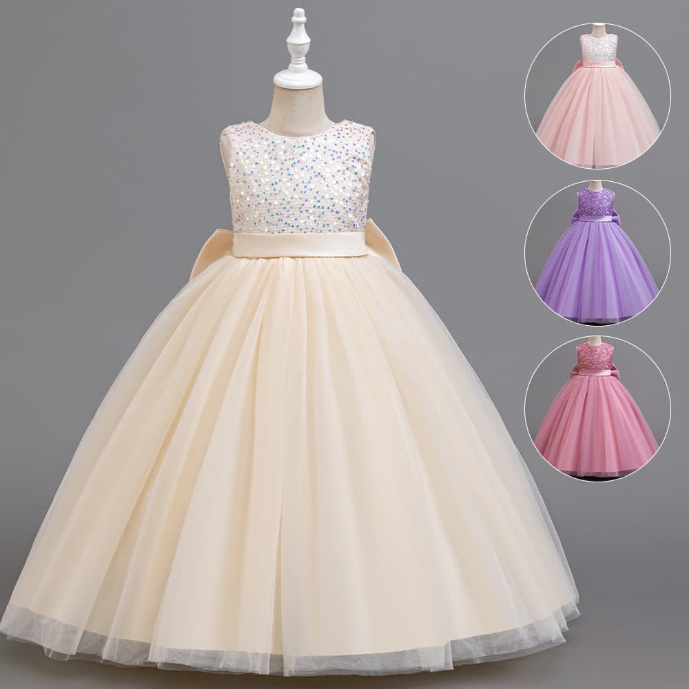 Children's Formal Dress Puffy Princess Gown with Large Bow and Sequins for Piano Performance Party Banquet