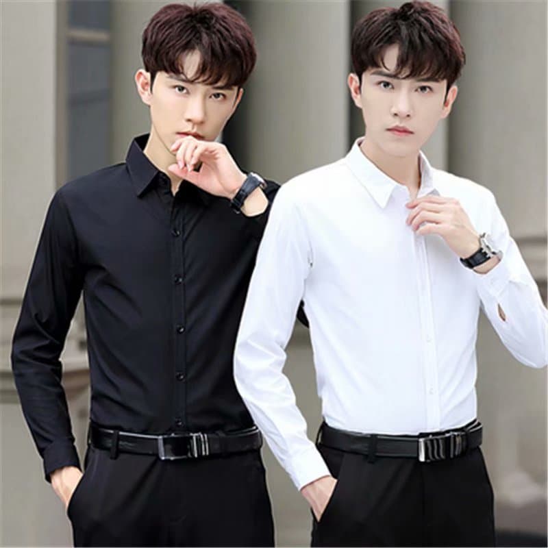 Men's Summer Business British Style Long Sleeve Shirt, Slim Fit Korean Formal Black Shirt, Plus Size Solid Color Wrinkle-Free Shirt