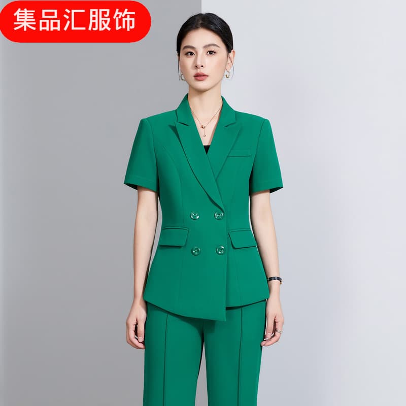 Green short-sleeved small suit collar jacket women's pants skirt two-piece suit cross-border summer business wear women's suit trendy