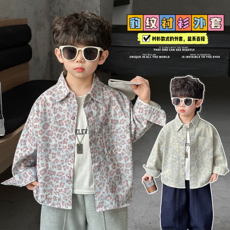Boys' Fashionable Jacket Spring 2026 New Korean Style Kids Leopard Print Shirt Spring Autumn Clothing