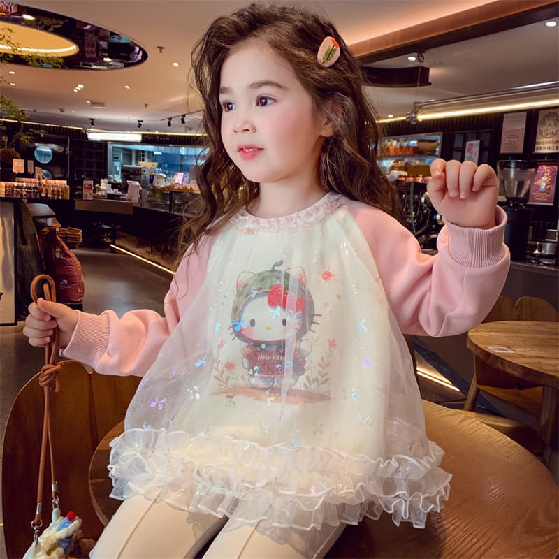 Girls sweatshirt autumn 2025 new children's Korean style long-sleeved mesh mesh cartoon little girl round neck top