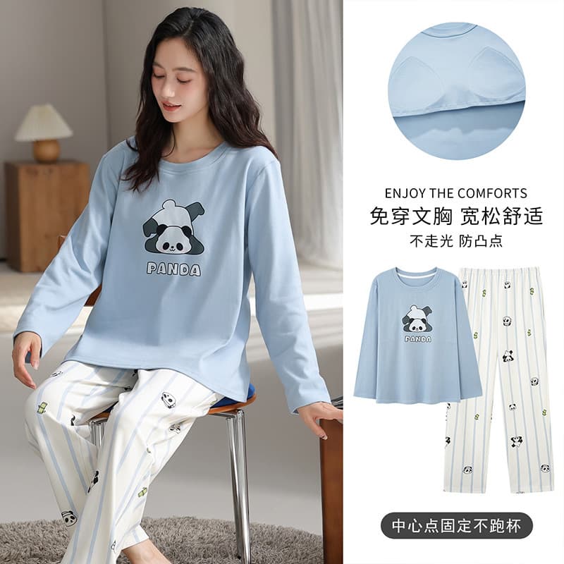 100% Cotton Pajamas with Built-in Bra for Women, Spring/Autumn Long Sleeve Crew Neck Plus Size Up to 200 lbs, Full Cotton Loungewear Set