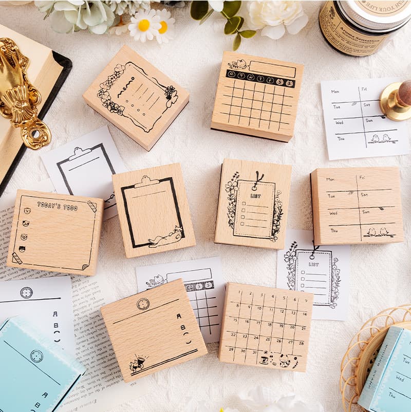 Light retro wooden calendar stamp, Superman cat monthly calendar, weekly calendar, DIY decorative material printing stamp
