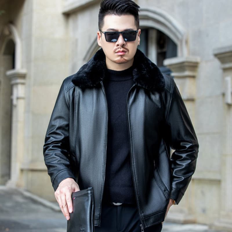 Men's winter fleece-lined, thickened motorcycle PU leather jacket for middle-aged and elderly men.