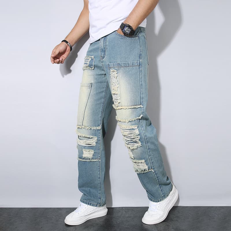 Men's Jeans Pants - Cross-border Best Source Light Wash Distressed Design Patch Loose Straight Leg Jeans for Men