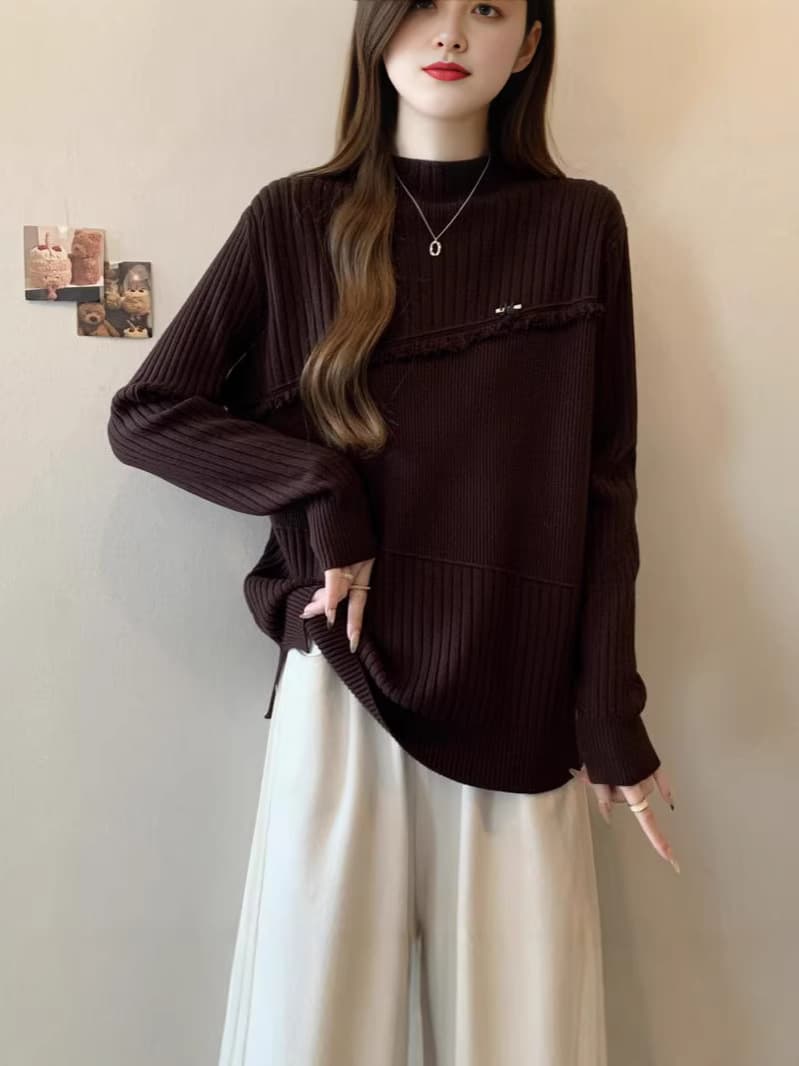 2026 Spring Clothing Large Size Irregular Half Turtle Neck Knitted Sweater Tops Women's Slim Covering Belly Versatile Soft Waxy Sweater