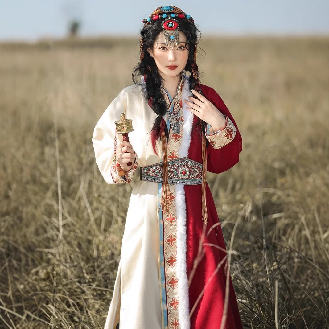 New Ethnic Mongolian Costume for Women, Chinese Style Han Element Cross Collar Straight Skirt Tibetan Robe, Autumn and Winter Performance Costume
