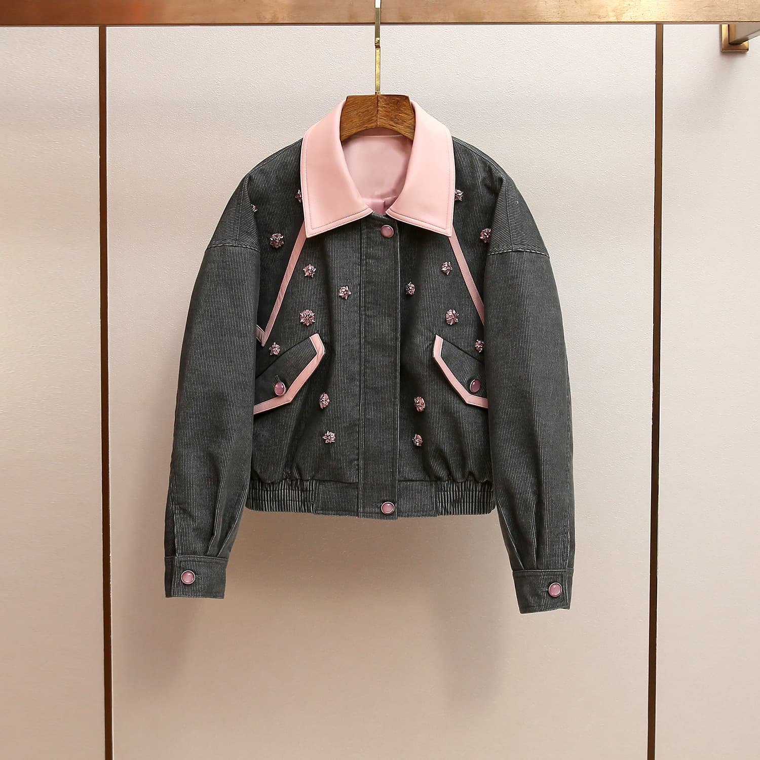 Shenzhen Nanyou High-end Women's Fashion Autumn/Winter New French Heavy Beaded Faux Two-piece Lapel Slim-fit Corduroy Coat