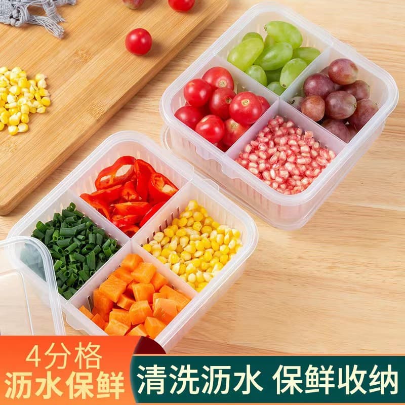 Large Four-Compartment Scallion Storage Box with Lid, Kitchen Onion Ginger Garlic Container, Fruit Storage Box, Refrigerator Organizer