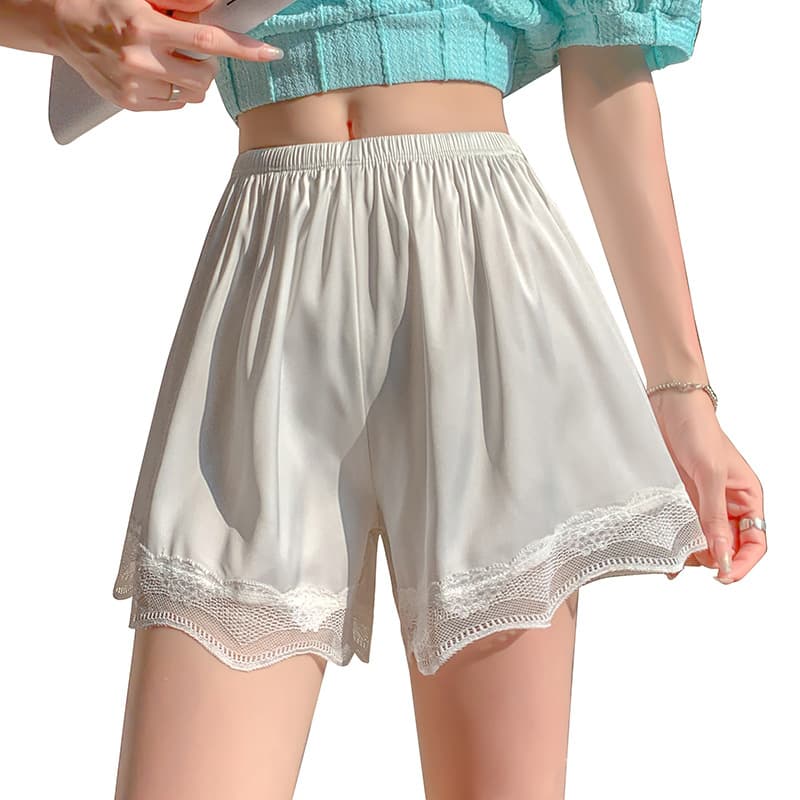 Lace Anti-Flash Three-Quarter Home Shorts, Wearable Outside, Non-Curling, Thin Summer Safety Shorts, Lace Trim, Women
