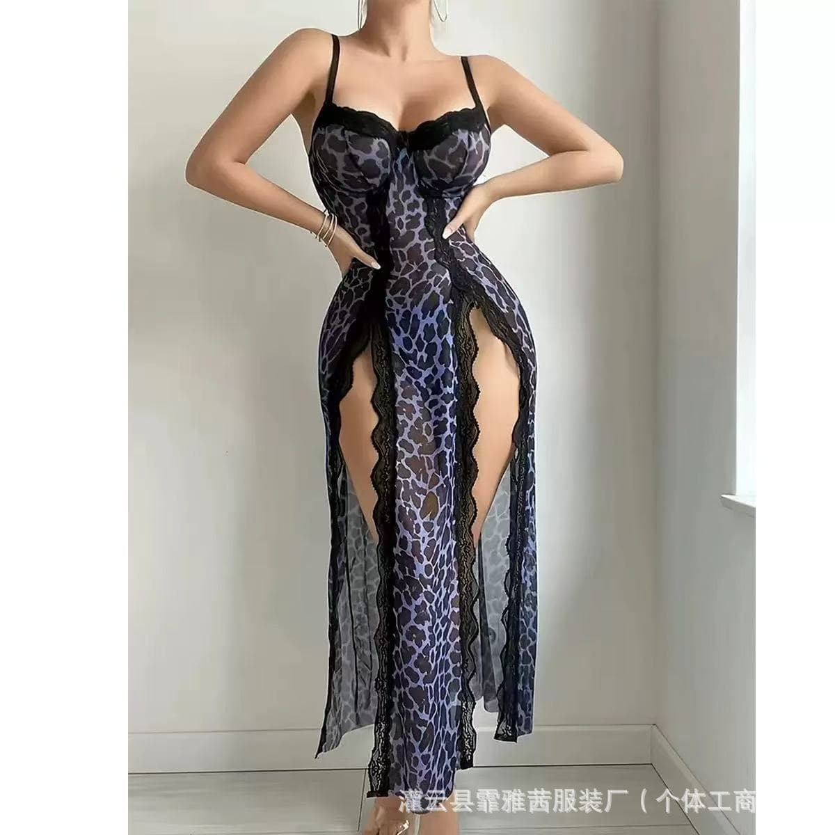 European and American Cross-border Sexy Lingerie Leopard Print Sheer Slit Long Dress Passionate Easy-off Sleepwear Thong
