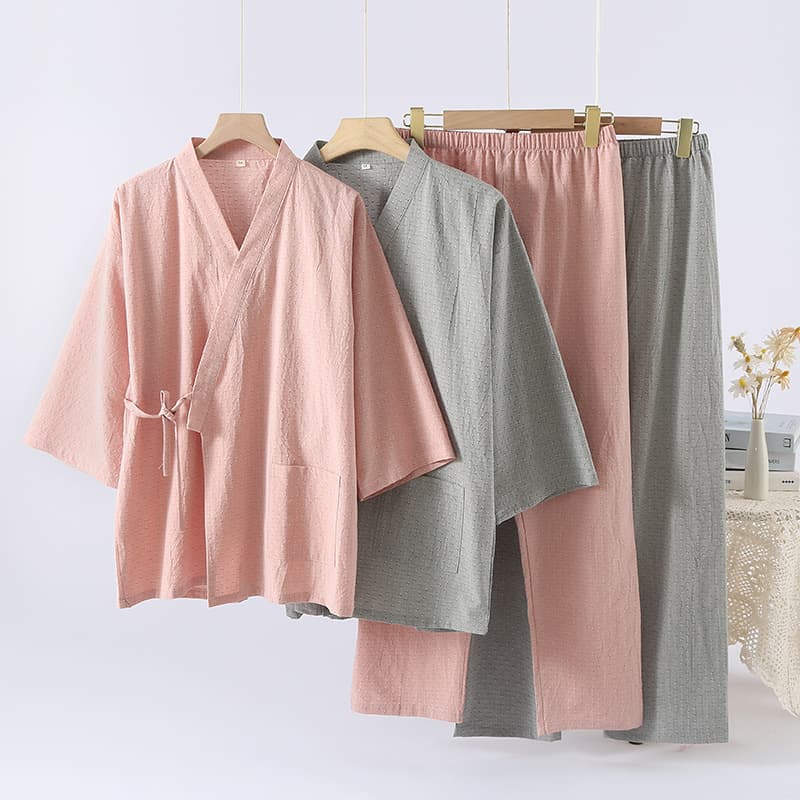 New Cotton Yarn-Dyed Pajama Set Lightweight Striped Unisex Japanese Kimono Style Long Pants Loungewear Set