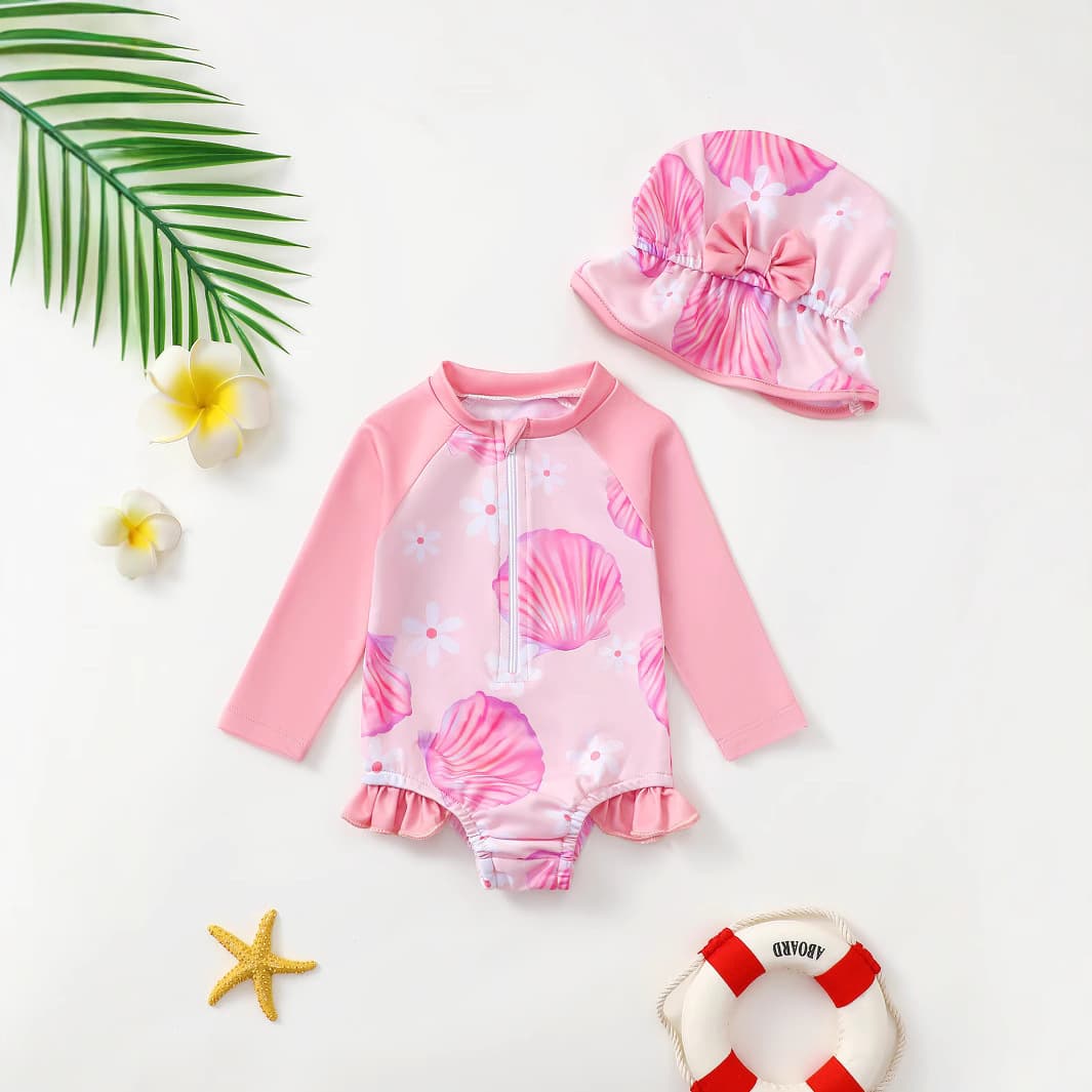 2025 Korean style long-sleeved one-piece swimsuit little girl baby baby sunscreen quick-drying summer beach children's swimsuit