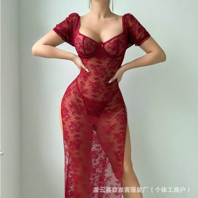 European and American Plus Size Lingerie Lace Sheer Mesh Camisole Sleepwear Women's Seductive Long Dress Cross-border