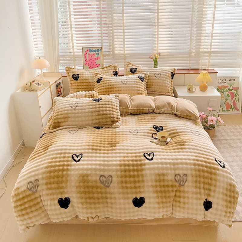 Cross-Border Trade Autumn/Winter Thickened Warm Bubble Milk Velvet 4-Piece Bed Sheet Set Bedding Manufacturer Wholesale