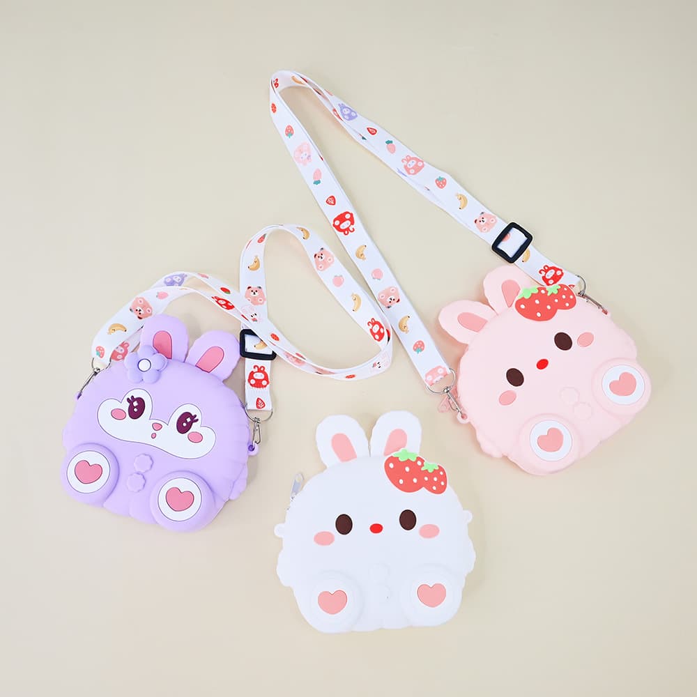 New Cute Little Rabbit Children's Coin Purse Cartoon Butterfly Cat Paw Shoulder Crossbody Silicone Bag Apple Coin Purse