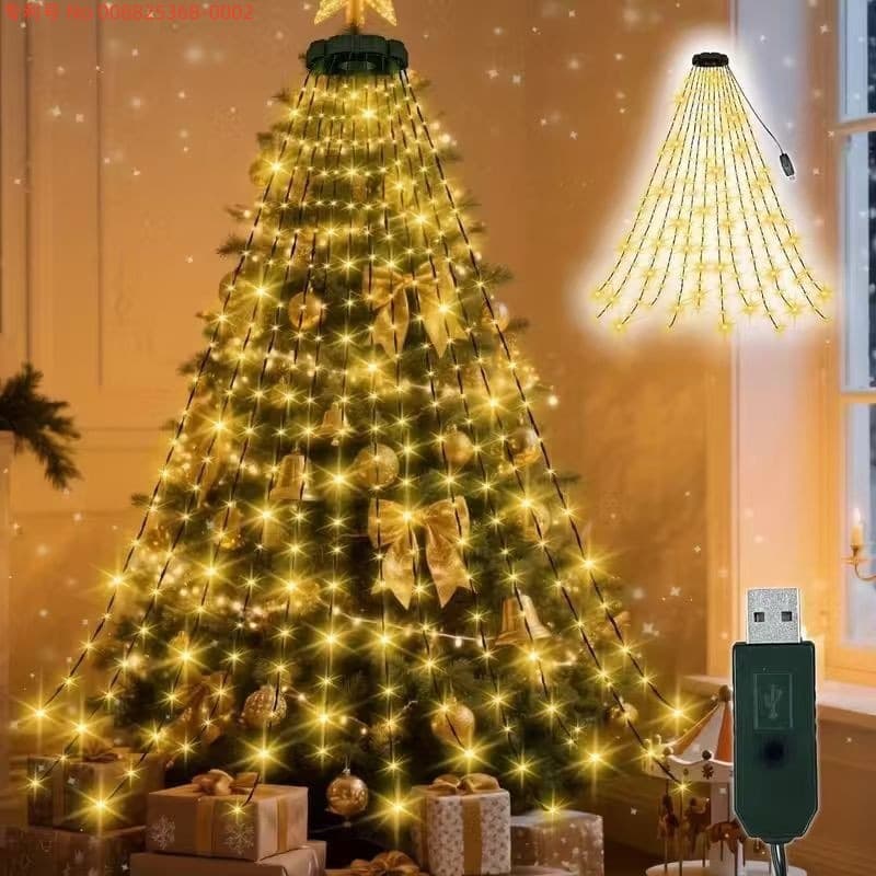 Christmas LED Ring Tree Topper USB Low Voltage Light Strip Five-Point Star Waterfall Tree Flowing Decoration