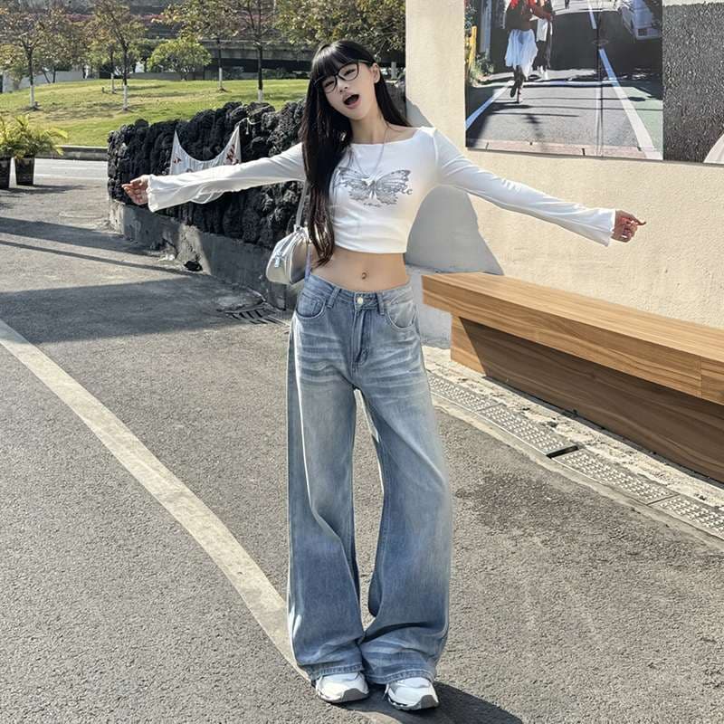 Wholesale-American retro washed creased trousers extended loose straight wide leg jeans
