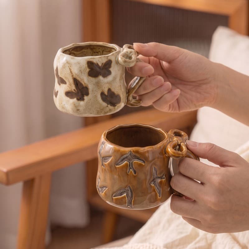 Cross-border hand pinch retro butterfly ceramic cup literary style household drinking cup creative coffee cup gift cup wholesale