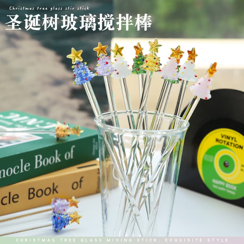 Cross-border bartending stick, Christmas tree glass stirrer, cute and creative long-handled juice/coffee extra-long transparent stirrer