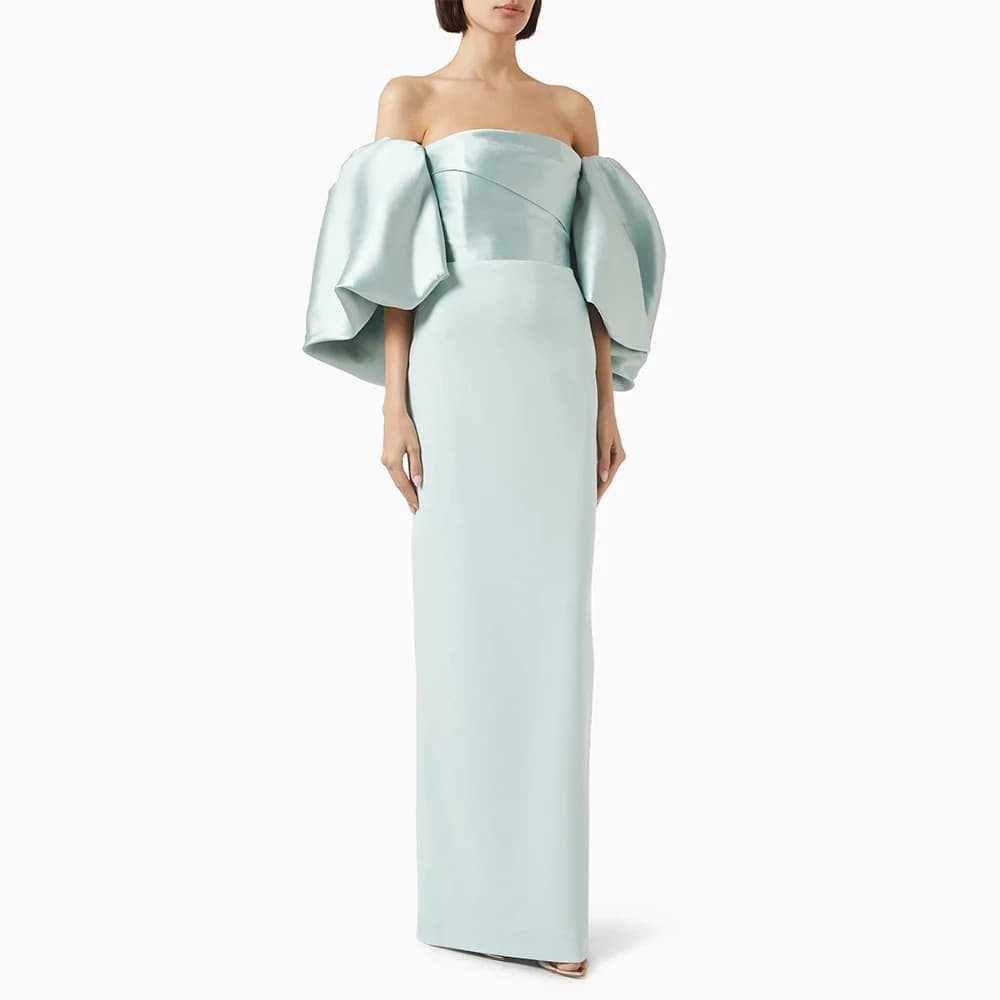 Cross-border Trade One-Shoulder Evening Gown High-End Elegant Banquet Host Bubble Sleeve Satin Light Luxury Dress Slim Fit