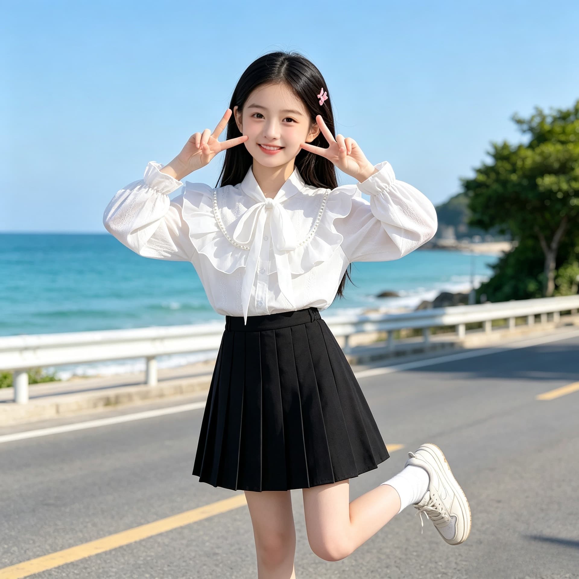 Girls' Blouse 2026 New Spring/Autumn Children's Pure Cotton Top with Bow and Ruffled Hem for Middle and Older Kids