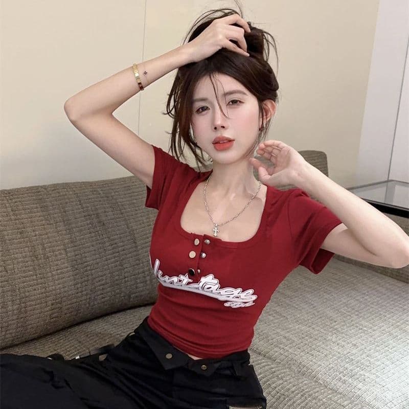 Cross-Border Trade Hot Selling American Retro Square Neck Short Sleeve Women's Summer New Slim Fit Pure Desire Style Crop Top