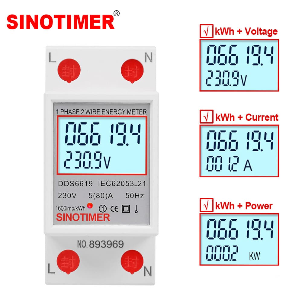 DIN rail type digital display household single-phase energy meter, electronic energy meter, power, voltage, current, and energy consumption 80A 230V
