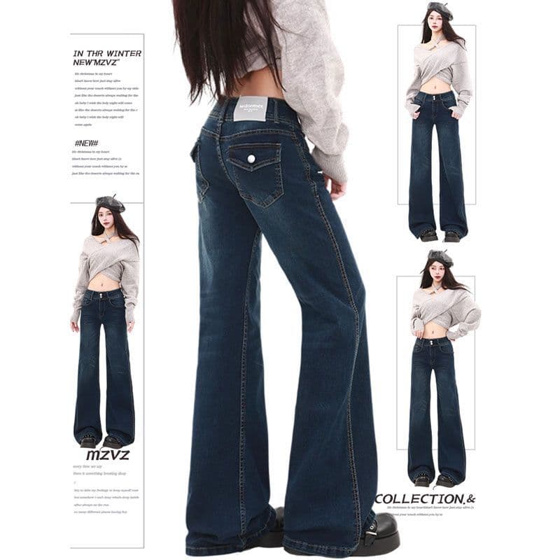Jeans for Women Plus Size Petite Dark Blue Flared Jeans Vintage Chunky High-Waist Slimming Bell-Bottom Pants