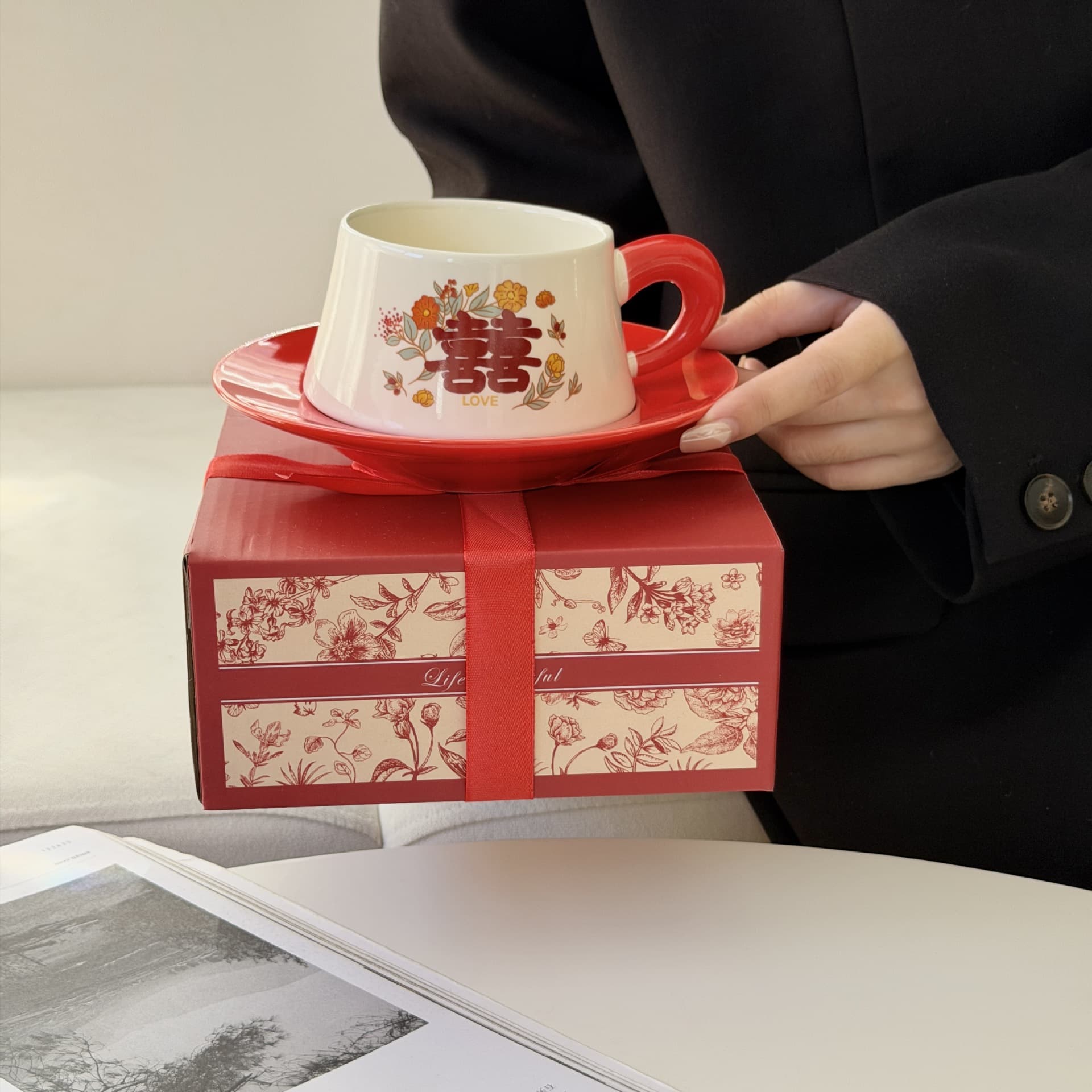 Wedding coffee cup and saucer set, wedding gift for newlyweds, bridesmaids, souvenirs, ceramic mug gift box