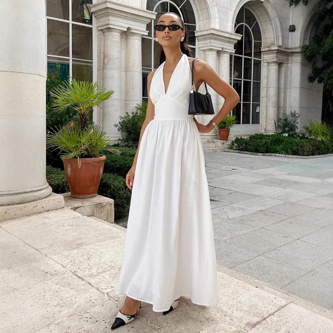 Cross-border 2026 Spring/Summer New European and American Women's Fashion Solid Color V-Neck Backless Tie Waist Flared Dress