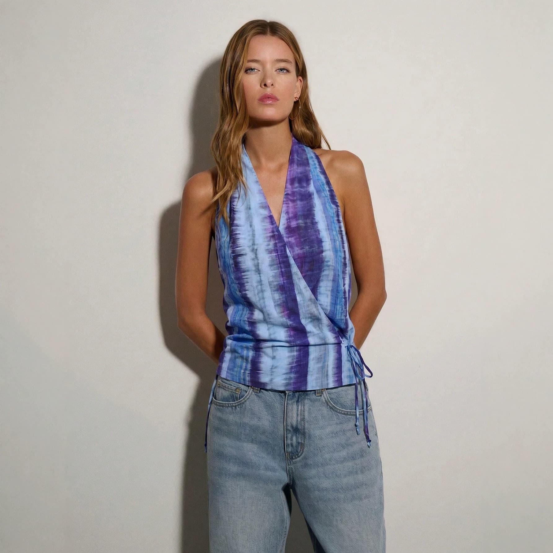 2026 New Tie-Dye Halter Top Women V-Neck Tie-Back Design Slimming Backless Vest