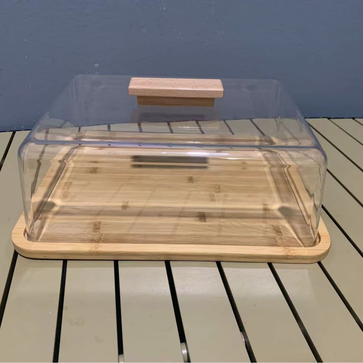 Acrylic transparent cake cover, rectangular dust cover, cheese, butter, cold dish, bakery bamboo tray storage.