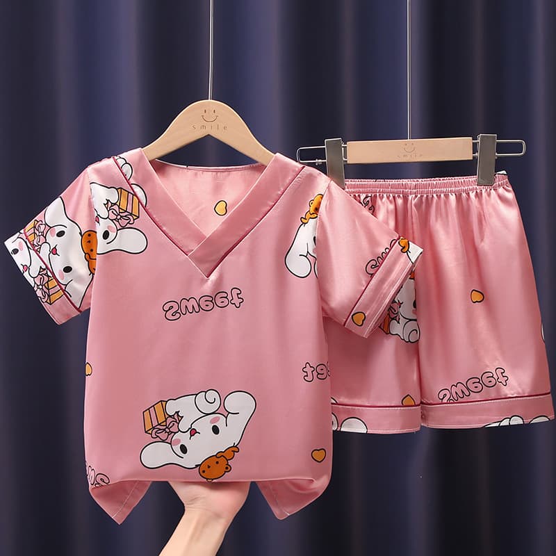 Girls' Summer Pajamas: Imitation Ice Silk Short-Sleeve Thin Summer New Style Cute Girls' Large Kids' Air-Conditioning Suit