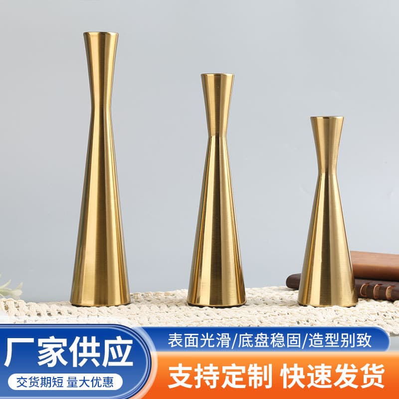 Iron Candle Holder with Waisted Design, Matte Gold Conical Base, Living Room Craft Decoration, Factory Supply