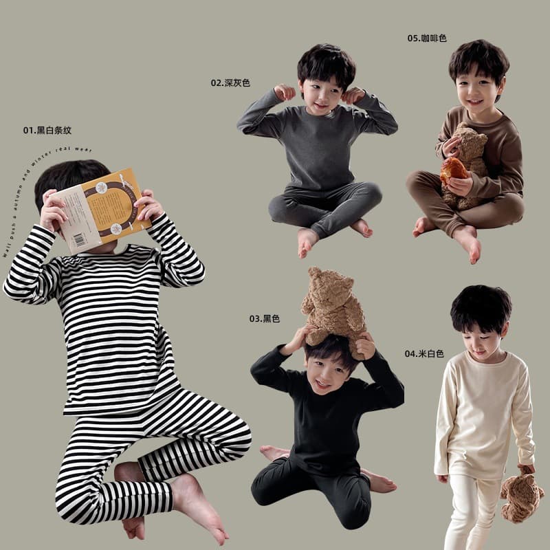 Warmth Polyester Fleece Thermal Underwear Set for Kids Autumn Winter Striped Casual Two-Piece Suit Soft Comfortable Breathable