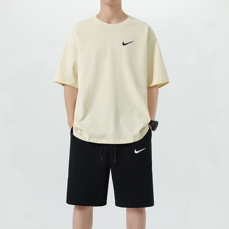 Cross-border Men's Fashion 2026 Summer New Drop Shoulder Sleeve Pure Cotton T-Shirt Men's Loose Streetwear Solid Color Sports Short T-Shirt Set