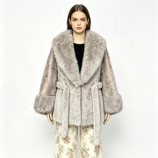 Winter Faux Fur Coat for Women Large Lapel Short Style Tie-Waist Sleeve Patchwork Faux Fur Eco-Friendly Fur Jacket