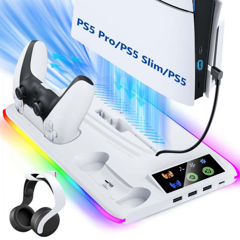 PS5/SLIM/PRO Universal Console Cooling Stand with Multifunctional Fan Bracket, Dual Controller Charging Dock with RGB Light