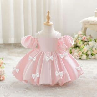 2026 New Style Girl Formal Dress Camisole Puff Sleeve Princess Dress 3D Bow Bud Dress First Birthday Dress