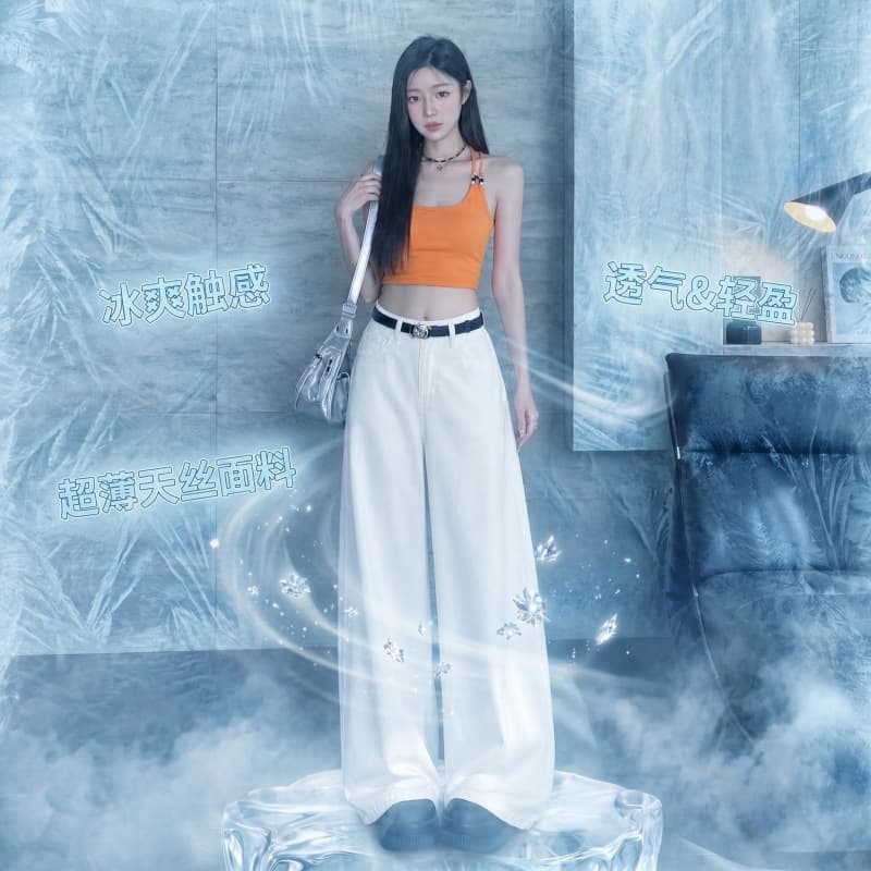Bamboo Texture Tencel White Wide-Leg Jeans for Women, High-Waist Loose Fit with Draping Floor-Length Style