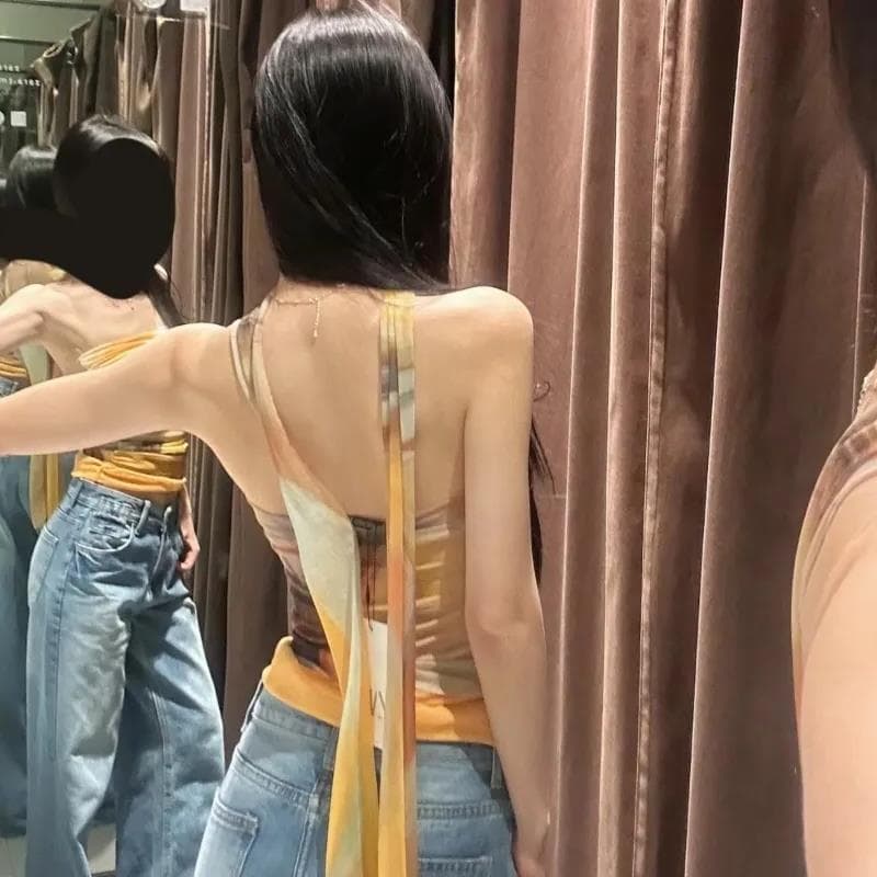 New European and American Style Printed Silk One-Shoulder Wrap Top for Women 2025 Summer Halterneck Strapless Pleated Tank Top