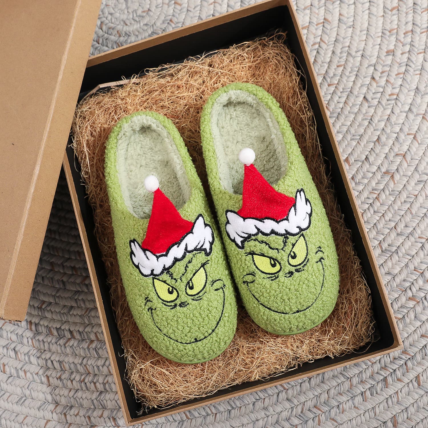 Grinchmas traditional cartoon slippers featuring the green Grinch (a popular cartoon character) - unisex and couple slippers.