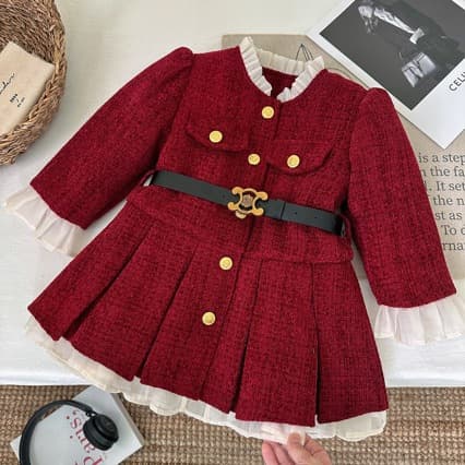 2025 Winter New Korean Style Girls' Chanel-inspired French Slimming Long-Sleeved Dress with Cotton Skirt